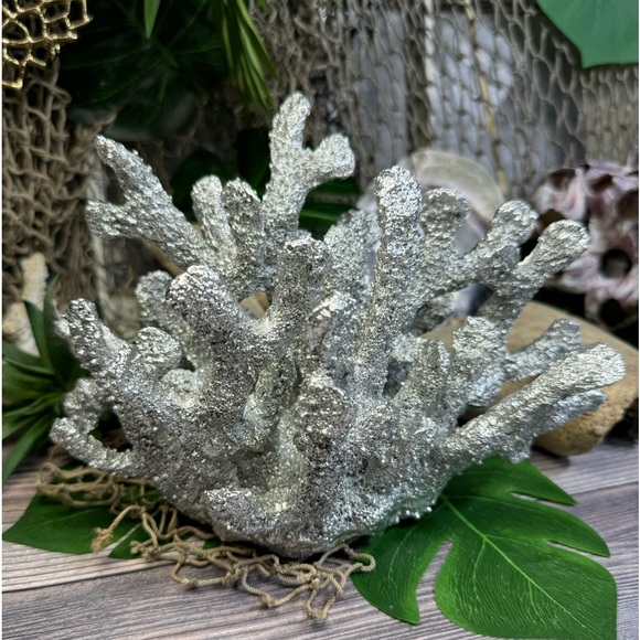 NEW Silver Poly Resin CORAL Coastal Nautical Beach Ocean Decor Bookend Shell Dis - Picture 8 of 16